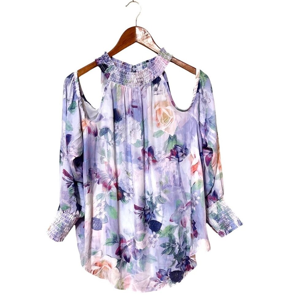 Torrid Floral Cold Shoulder Blouse‎ 1X  Chiffon Pastel Purple Pink Green